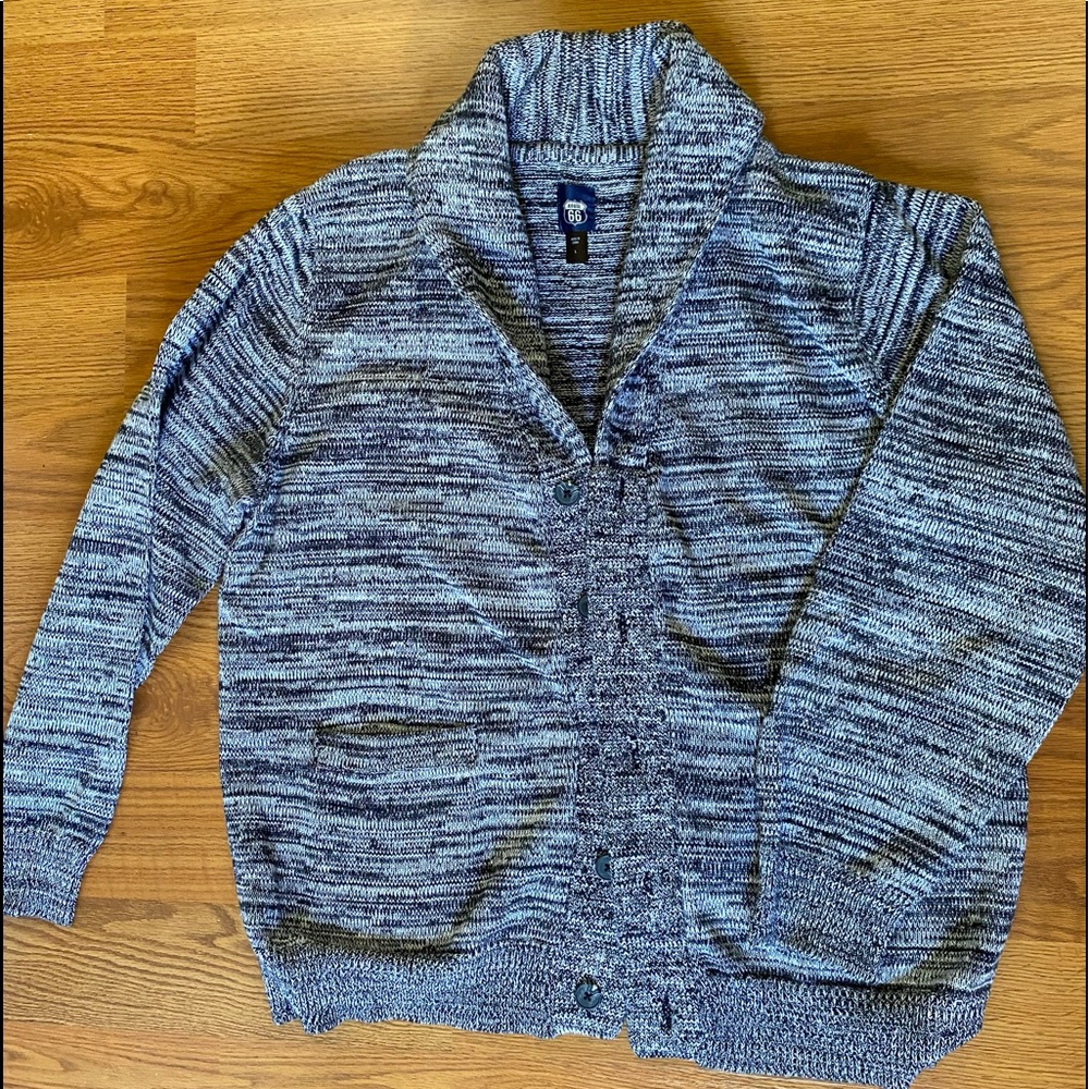 Shawl Collar Cardigan Men’s size Large Button up sweater. Black and white multi